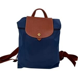 LONGCHAMP Le Pliage Backpack Navy Brown Snap Button Top Handle Adjustable FRANCE
